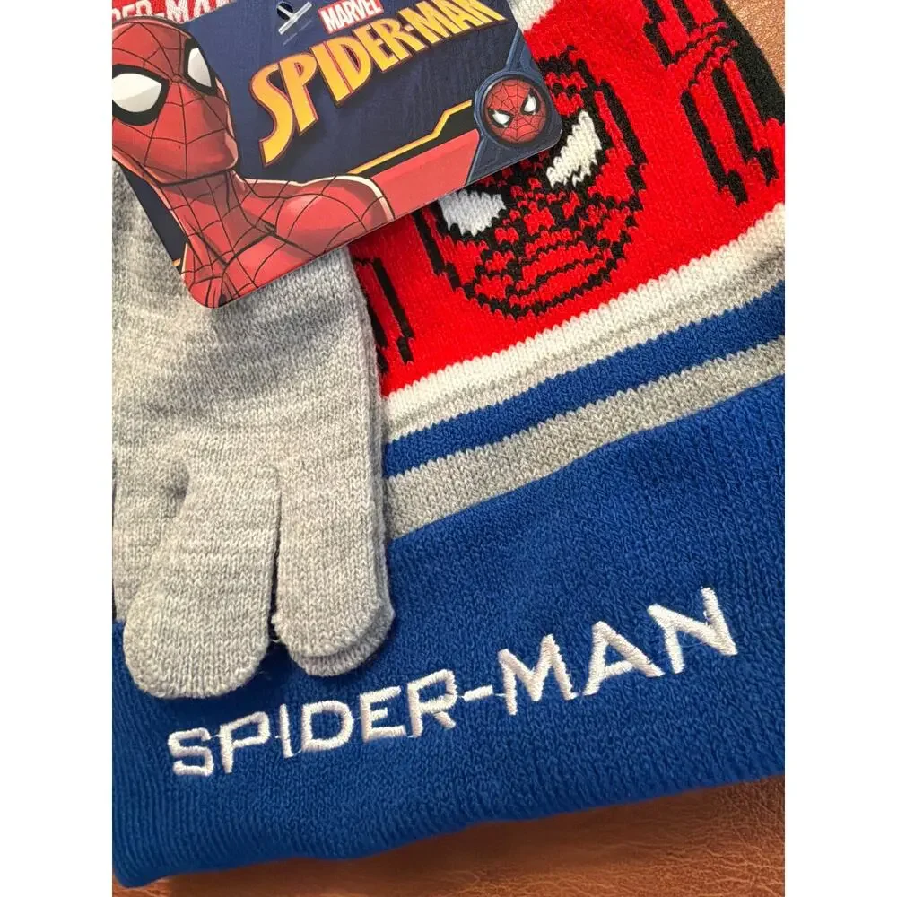 Marvel Spider-Man Children's Blue Gray Red Glove & Hat Set Winter New